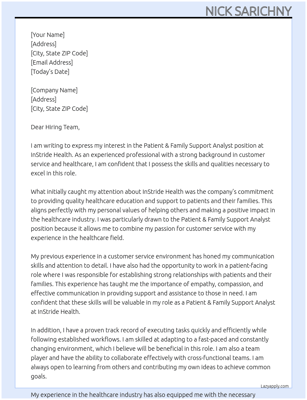 Patient & Family Support Analyst At InStride Health  Cover Letter