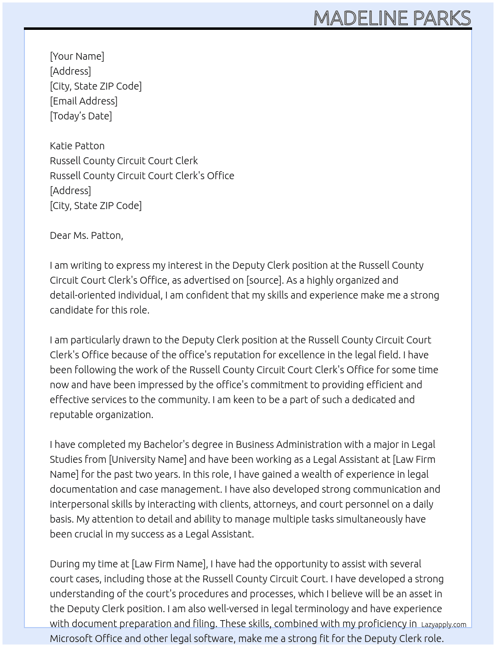 Deputy Clerk At Russell County Circuit Court Clerk's Office Cover Letter