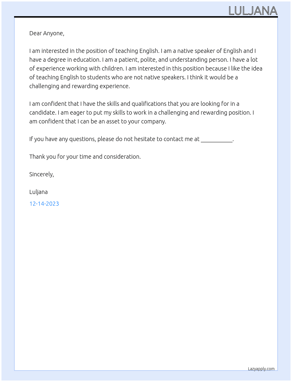 Teaching English At Anyone  Cover Letter