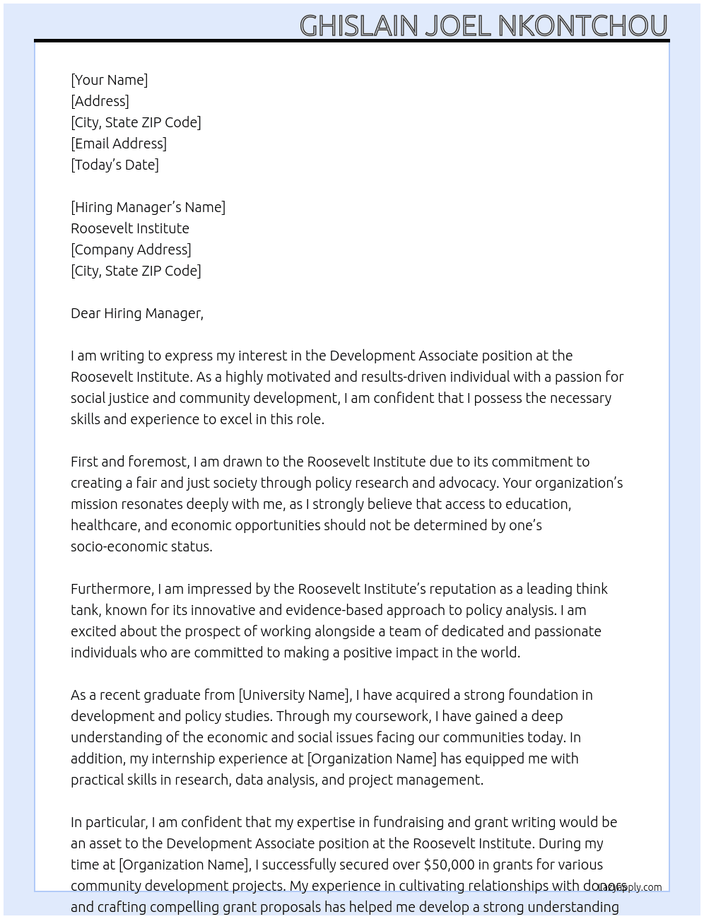 Development Associate At Roosevelt Institute Cover Letter