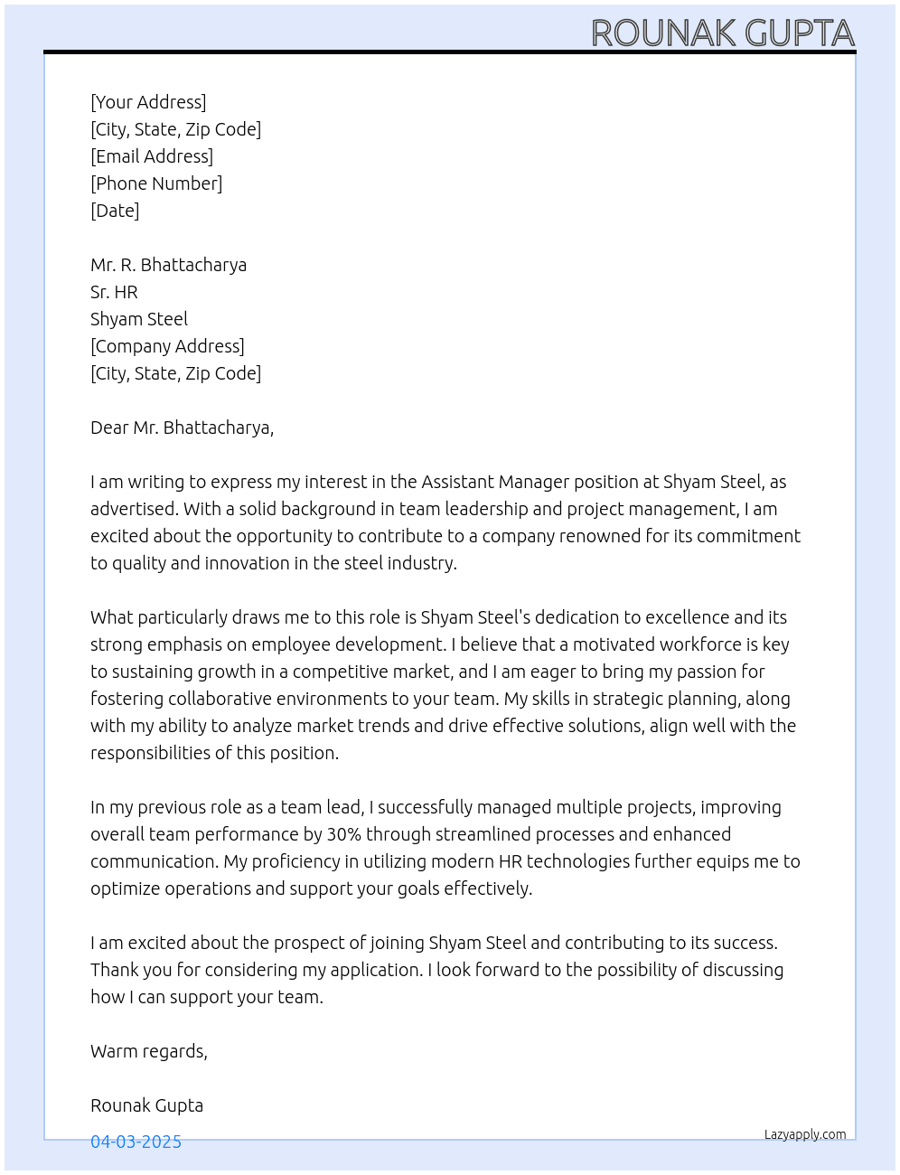 Assistant Manager At Shyam Steel Cover Letter