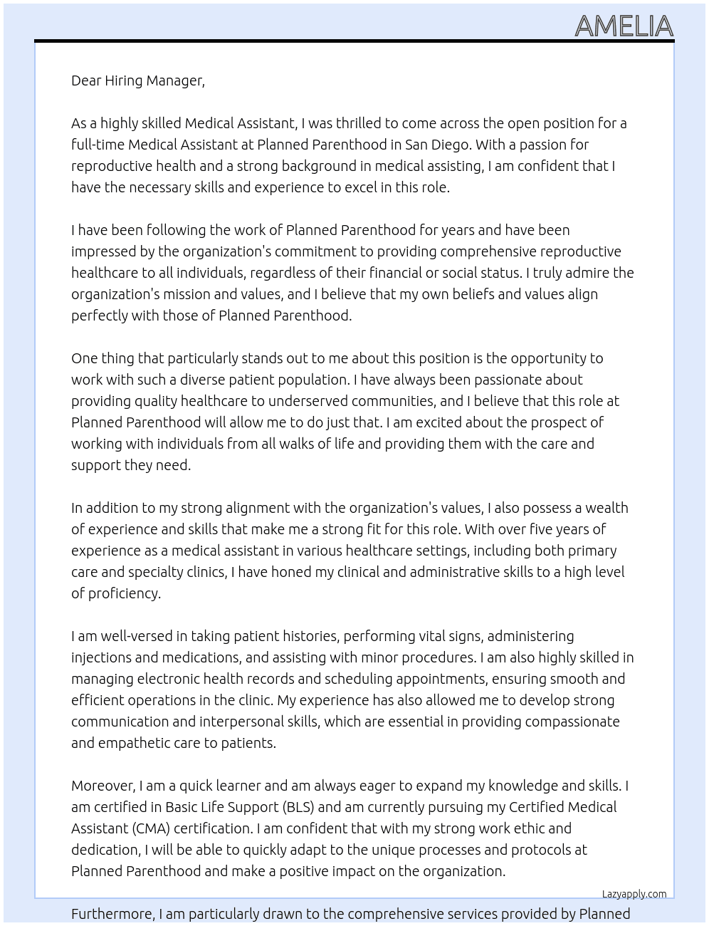 medical assistant At Planned Parenthood Cover Letter