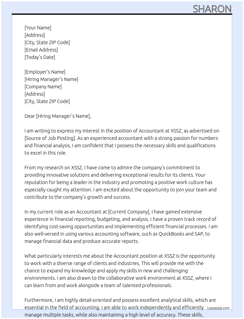 ACCOUNTANT At XSSZ Cover Letter