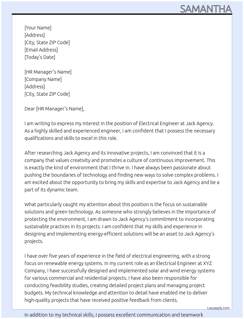 electrical engineer At Jack agency Cover Letter