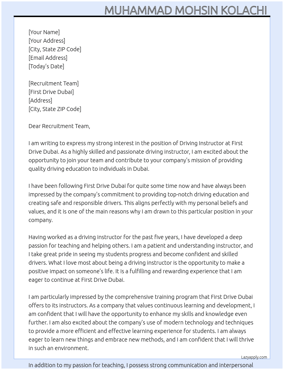 Driving instructor  At First drive dubai  Cover Letter