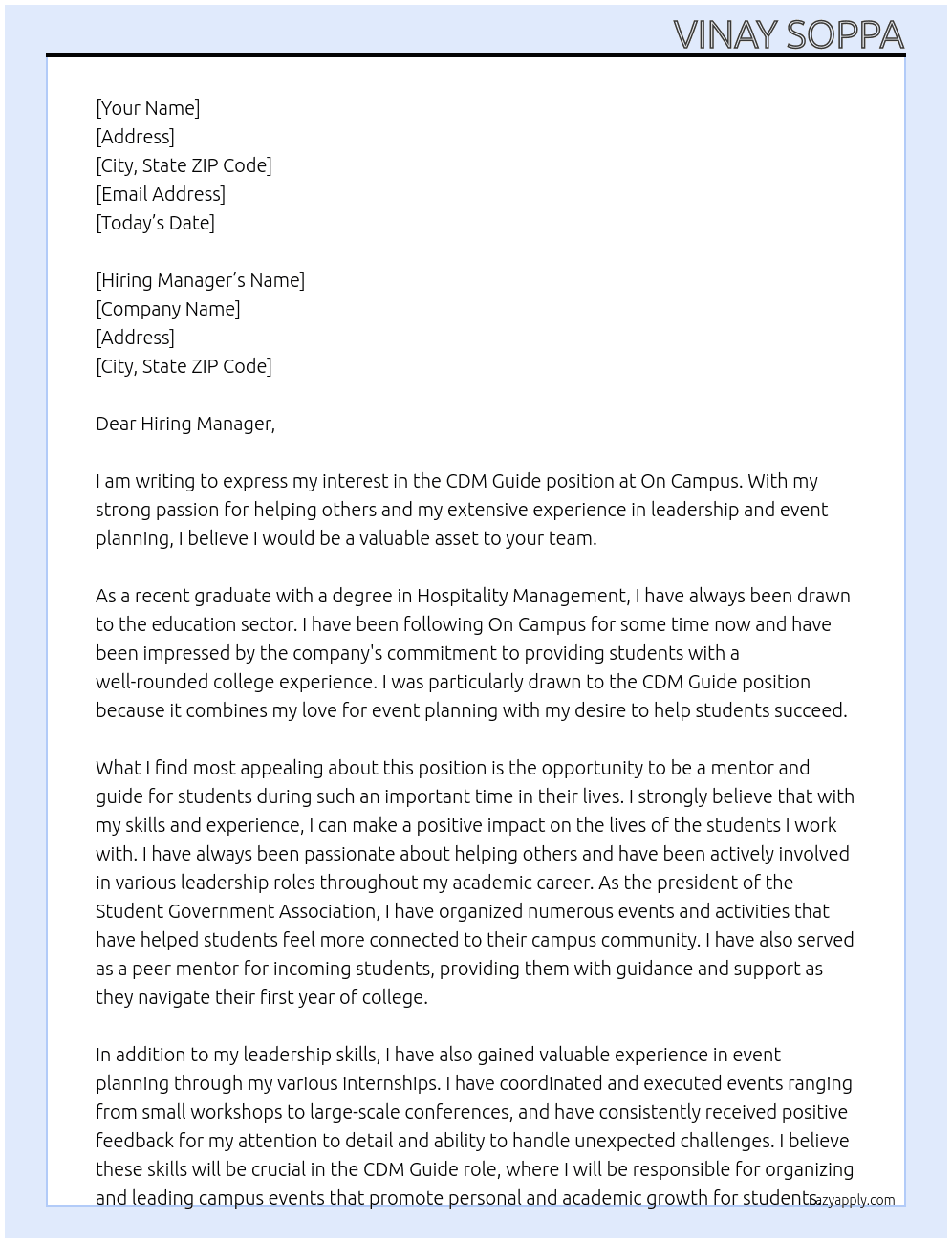 cdm guide At on campus Cover Letter