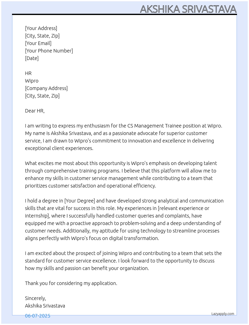 Cover letter for cs management trainee - LazyApply
