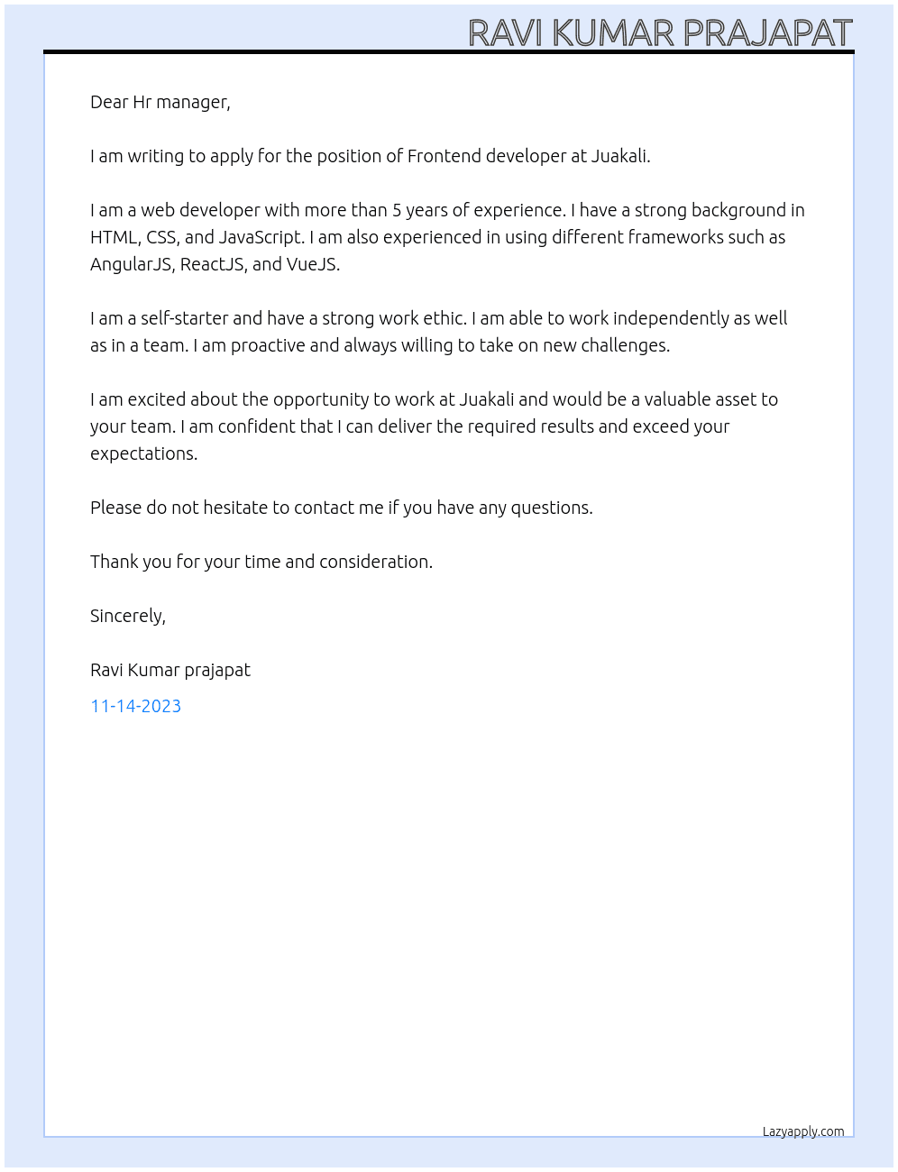 Frontend developer At Juakali Cover Letter