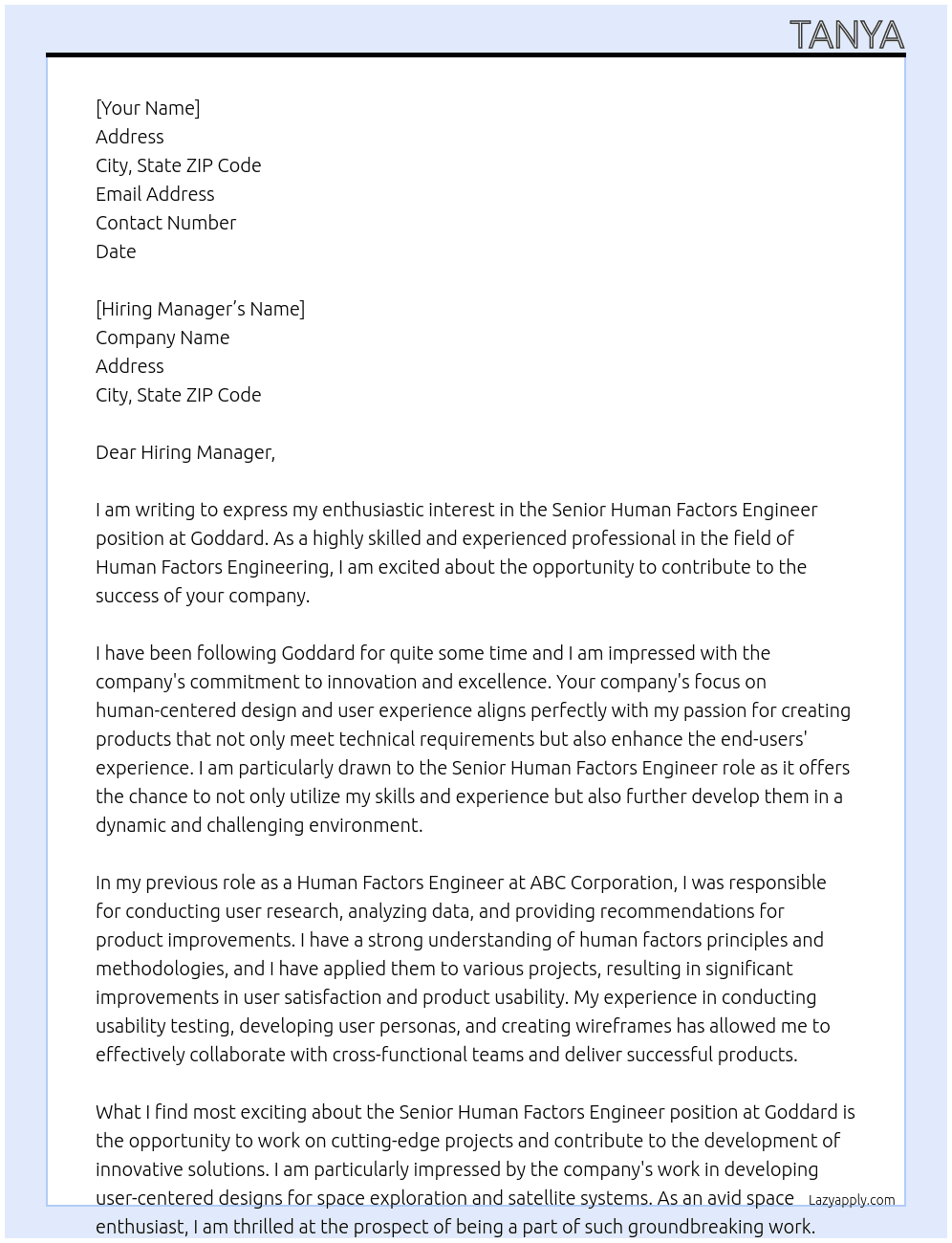 Senior Human Factors Engineer At Goddard Cover Letter