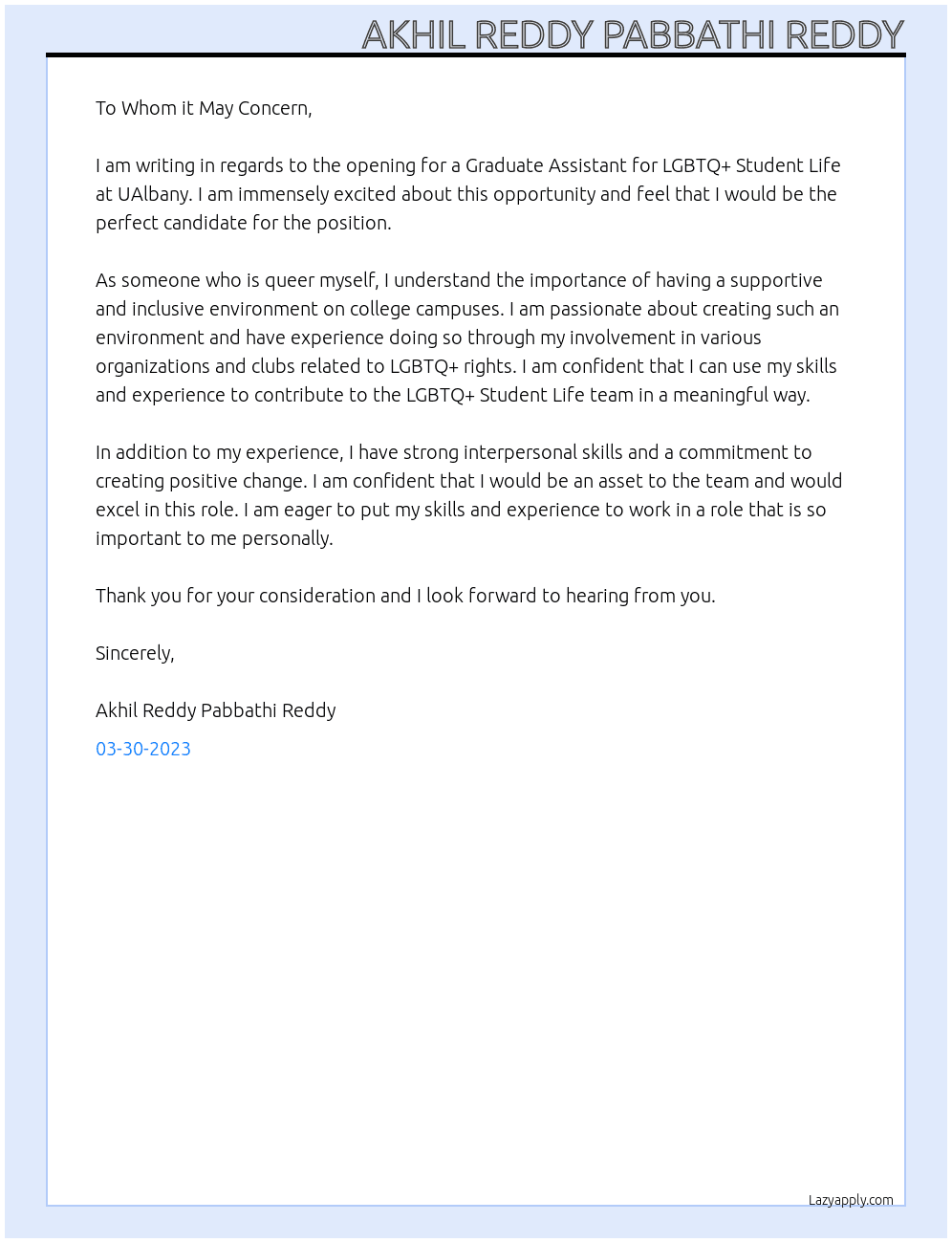 Graduate Assistant LGBTQ+ Student Life At UAlbany Cover Letter