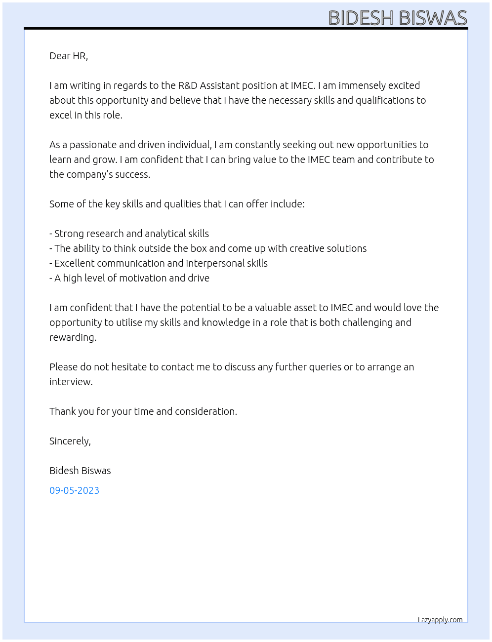 R & D Assistant At IMEC Cover Letter