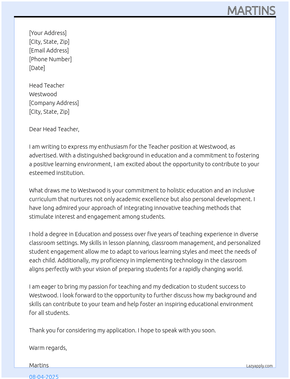 Teacher  At Westwood  Cover Letter