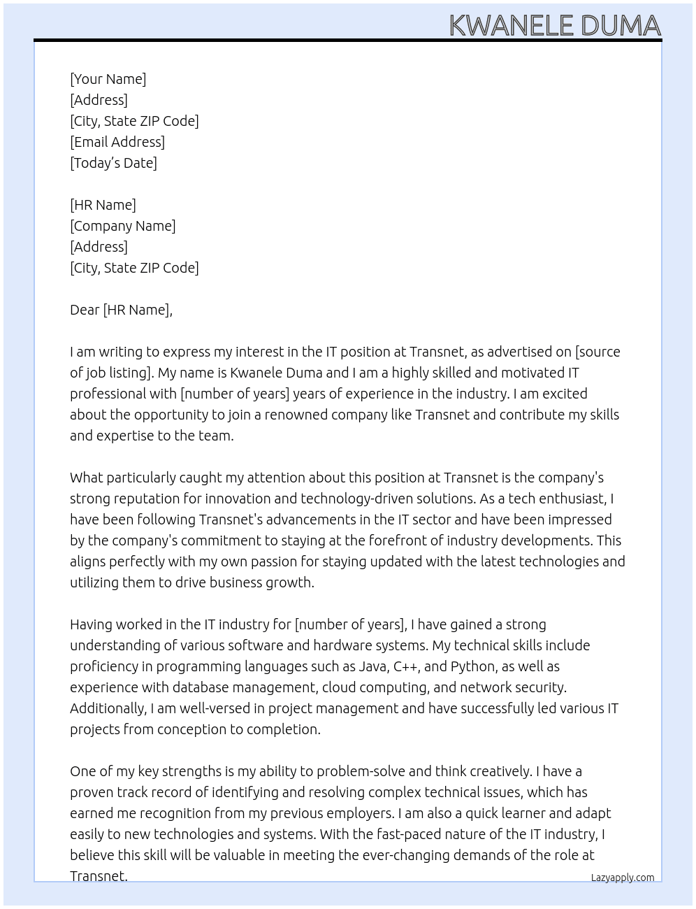 IT At Transnet Cover Letter