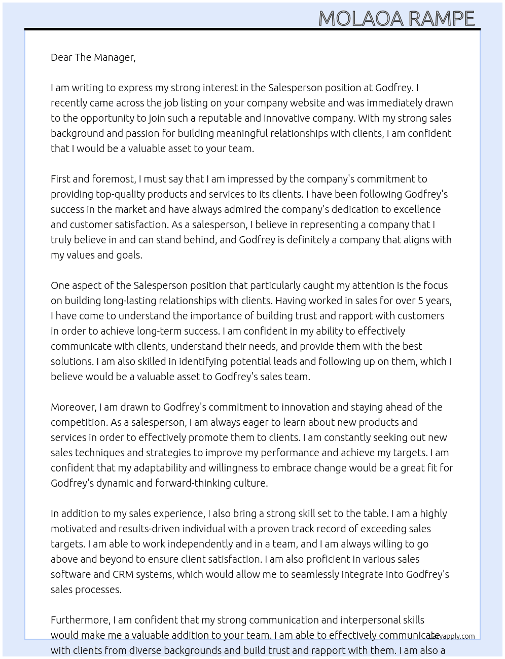 Sales person  At Godfrey  Cover Letter