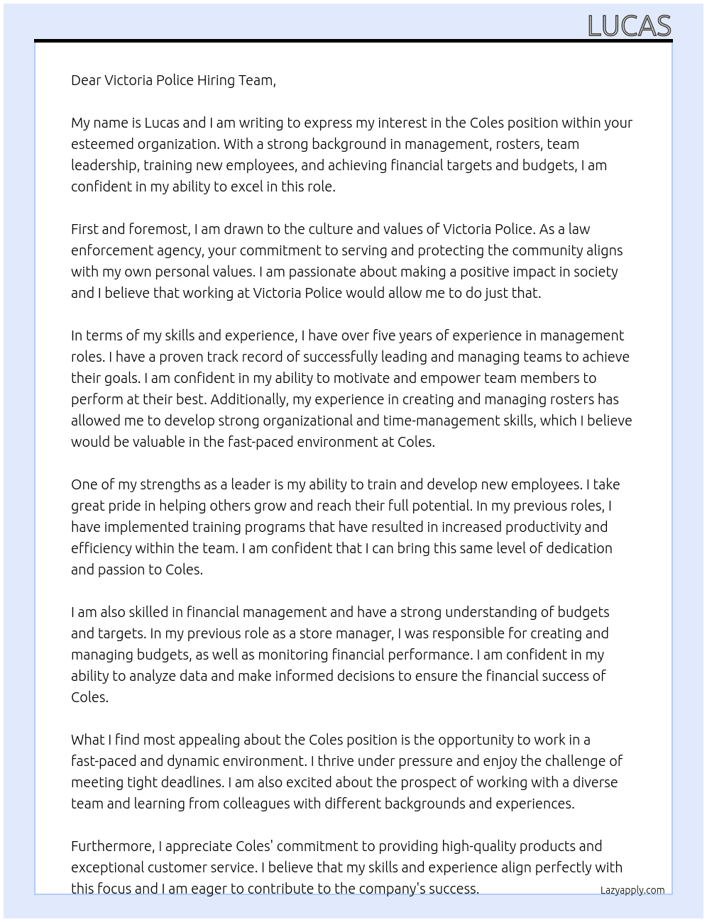 coles At victoria police Cover Letter
