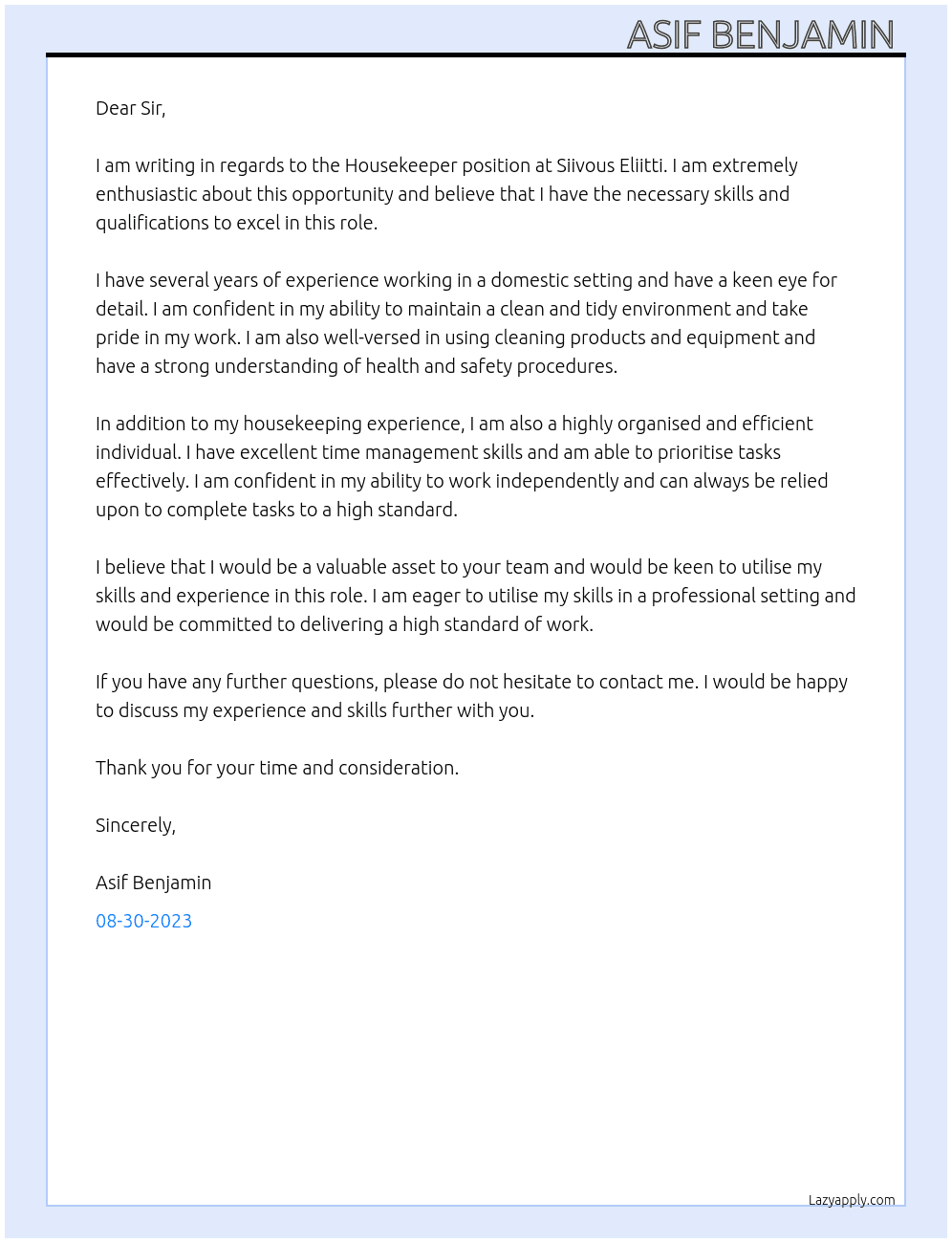Housekeeper  At Siivous Eliitti Cover Letter