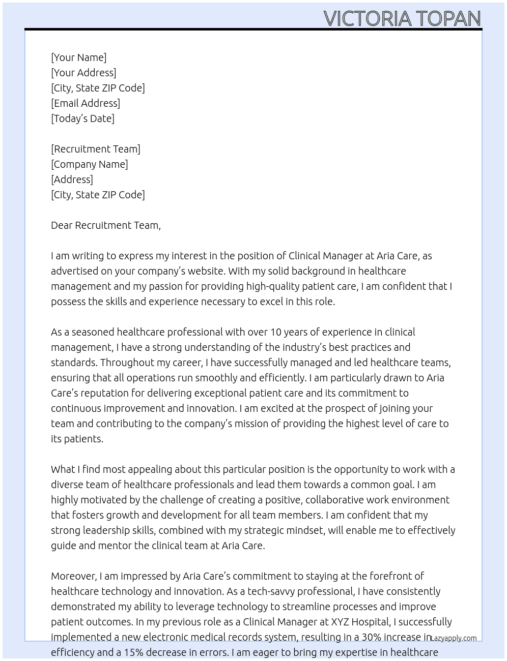 Clinical Manager  At Aria Care Cover Letter