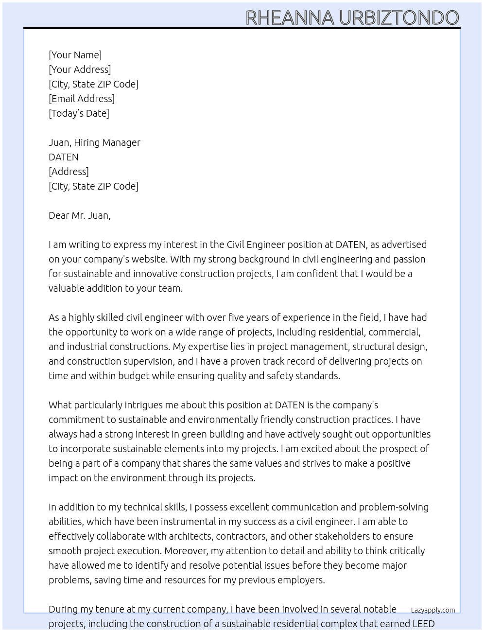 CIVIL ENGINEER At DATEM Cover Letter
