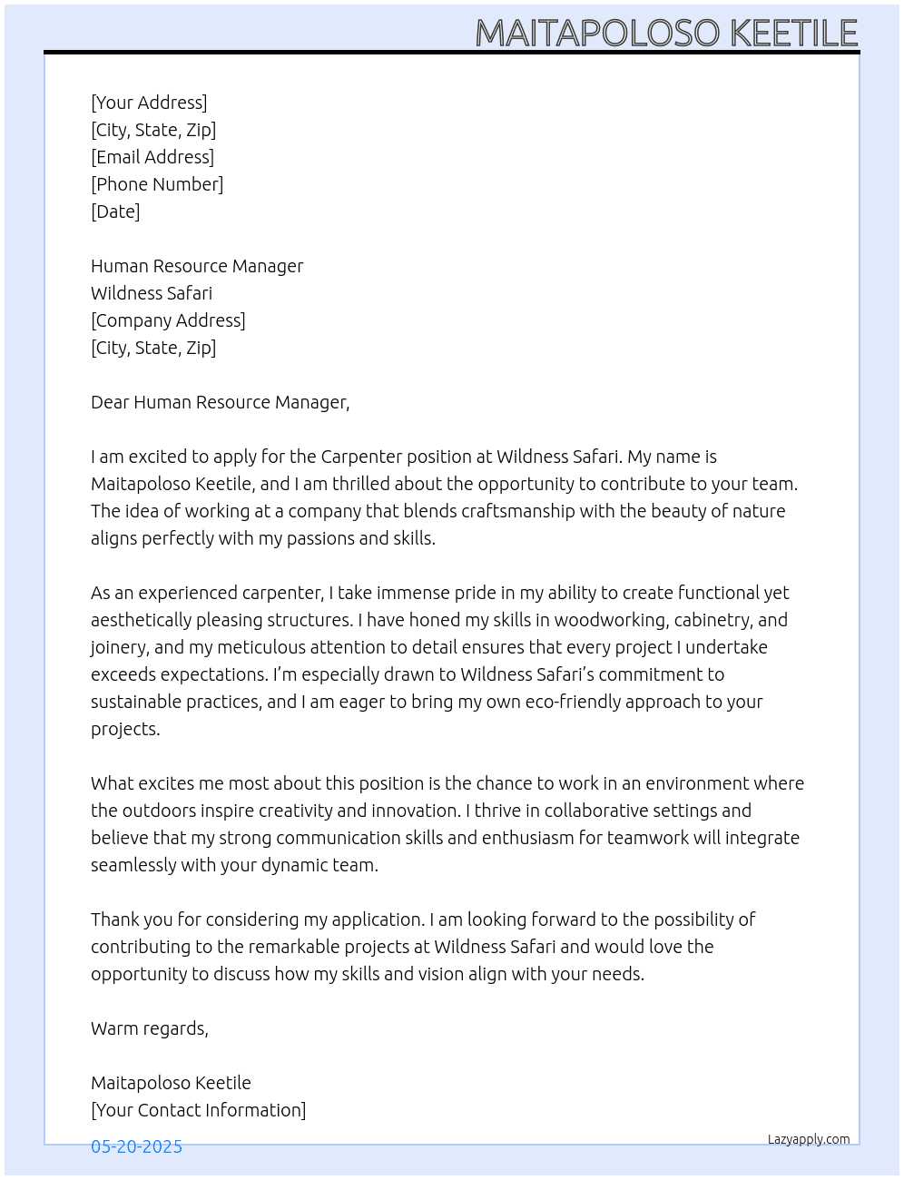 carpenter At WILDNESS SAFARI Cover Letter