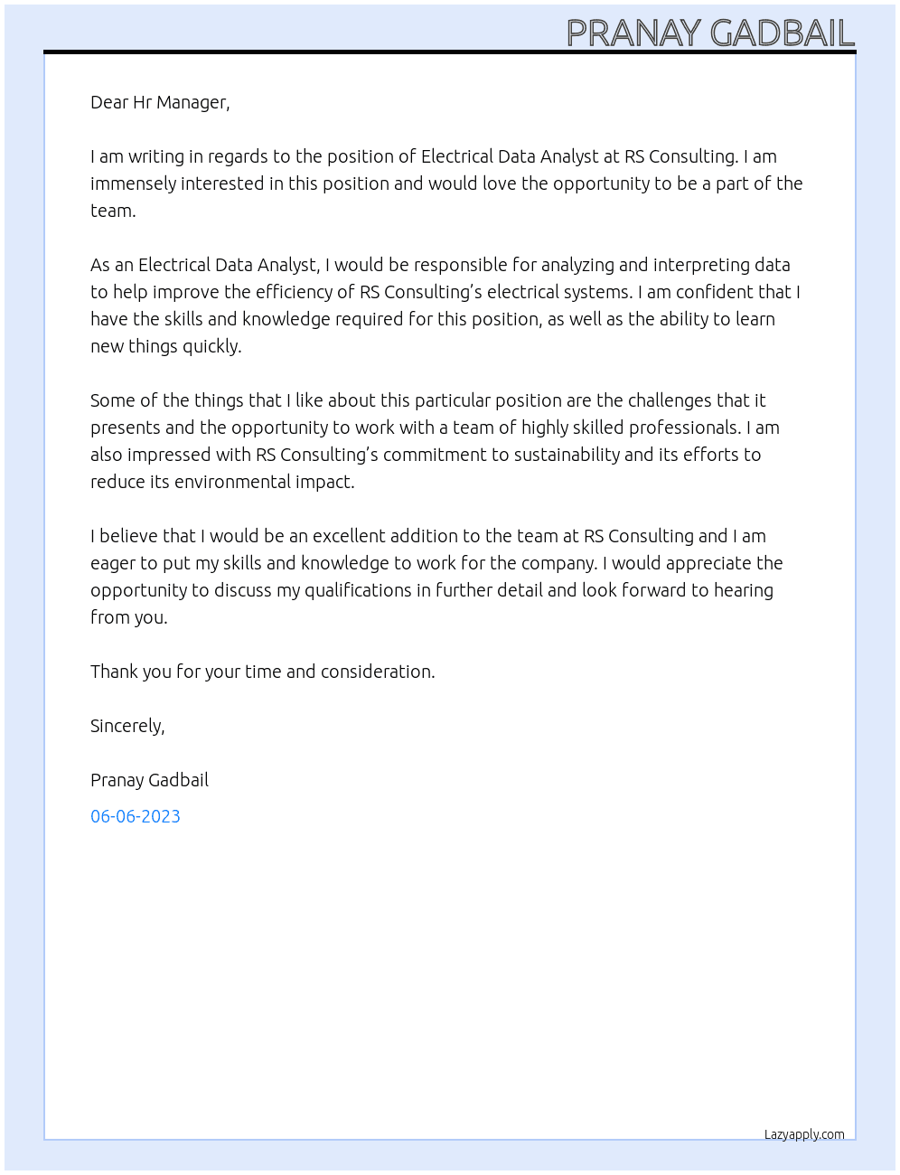 Electrical Data Analyst At RS Consulting Cover Letter
