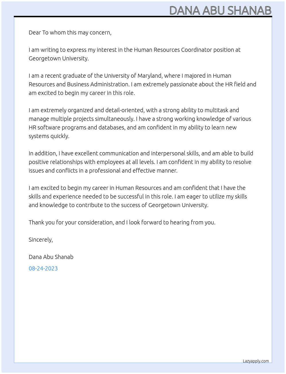 Human Resources Coordinator At Georgetown University Cover Letter
