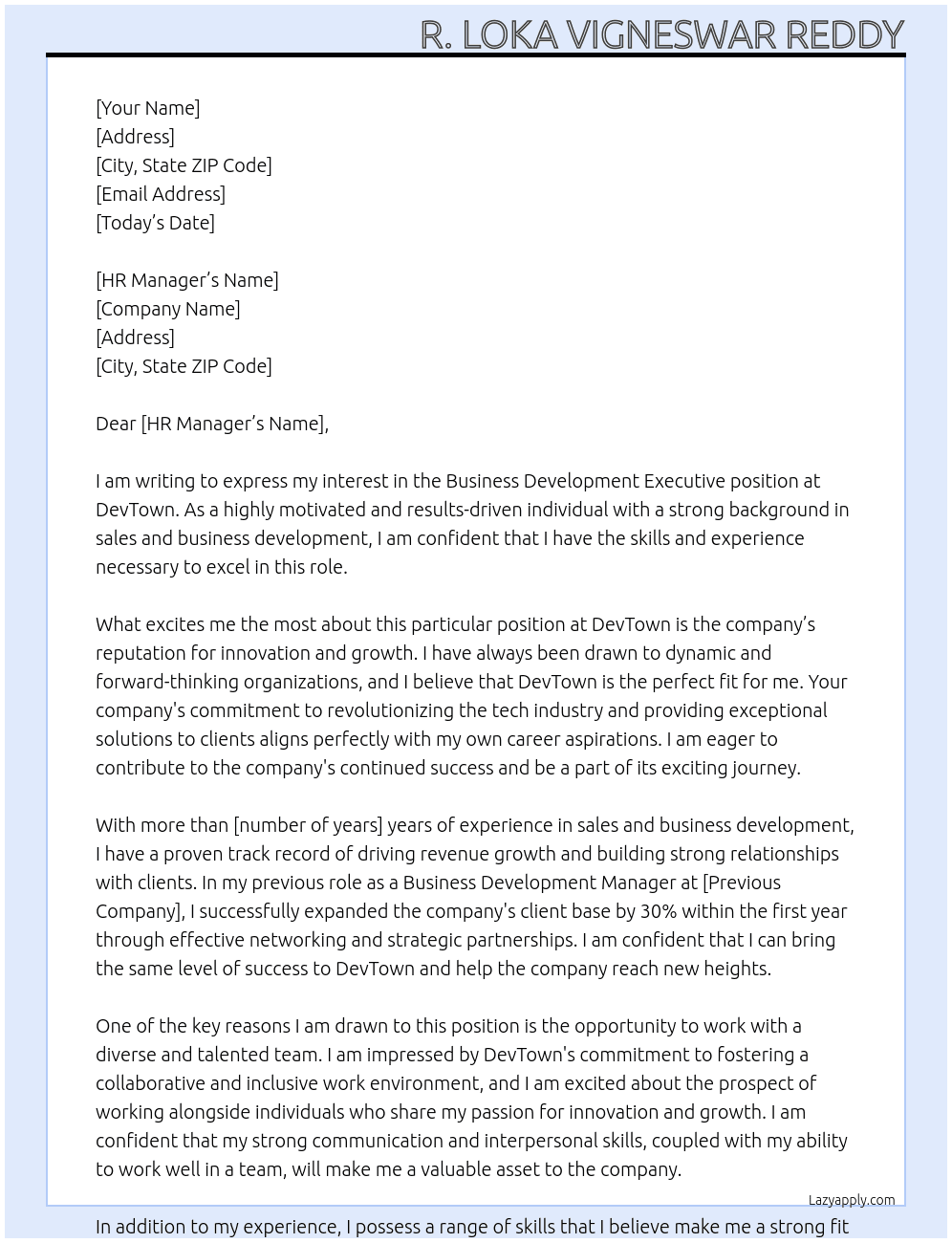 Business Development Executive At DevTown Cover Letter