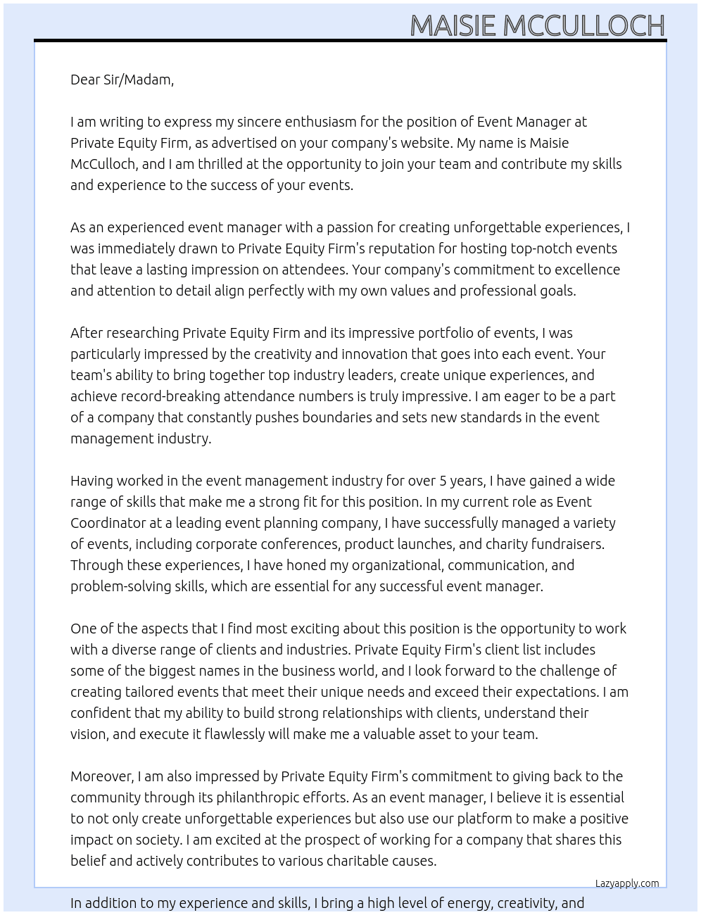 Event Manager At Private Equity Firm Cover Letter