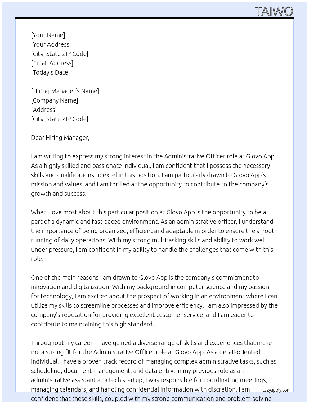 Administrative officer At Glovo App Cover Letter