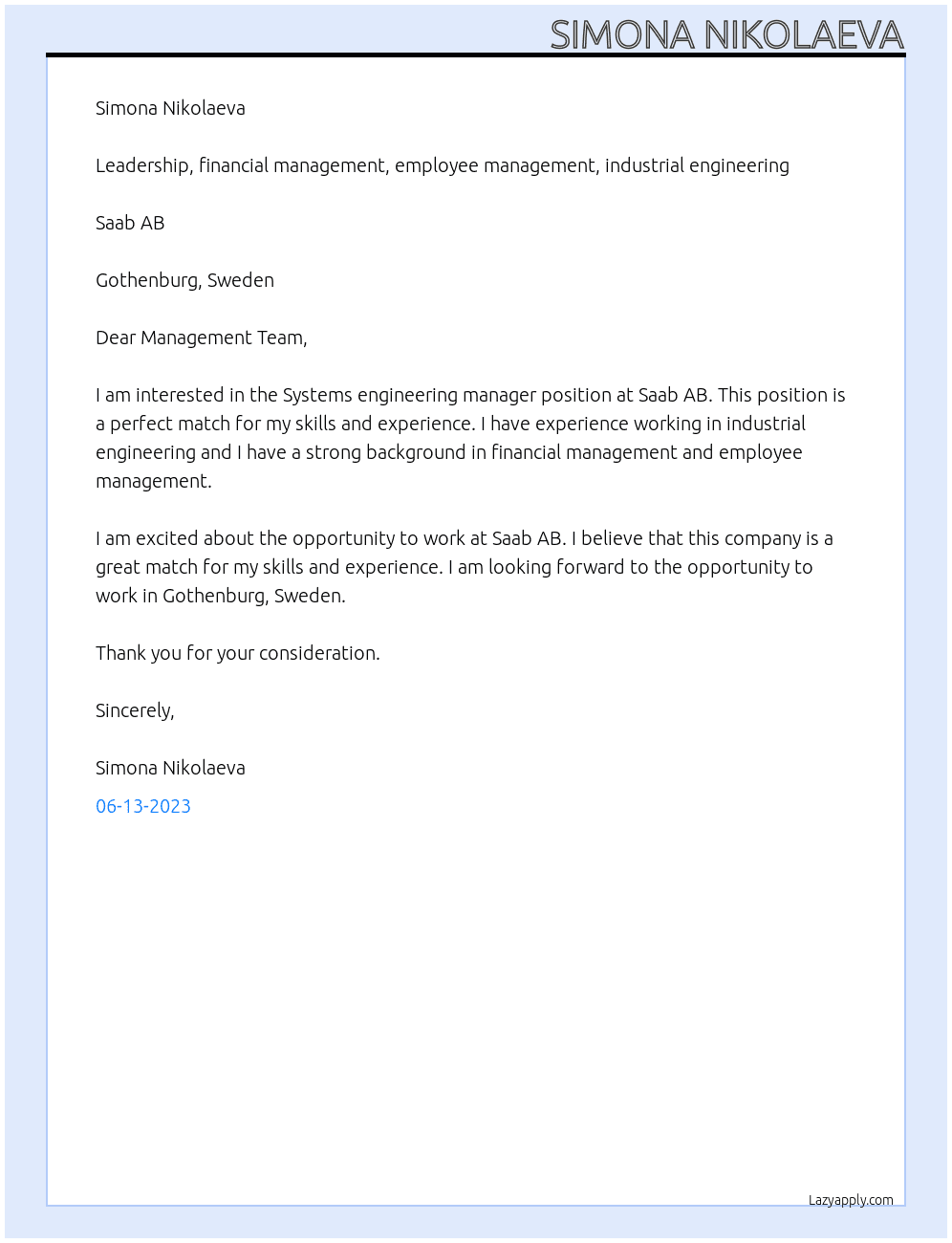 Systems engineering manager At Saab AB Cover Letter