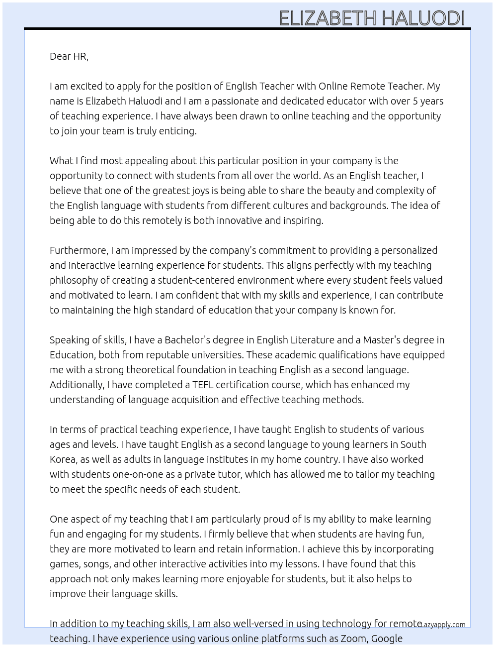 English Teacher  At Online Remote Teacher  Cover Letter