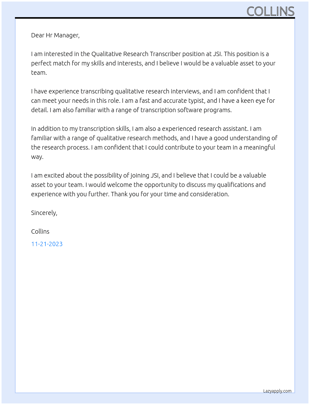 Qualitative Research Transcriber (Kenya) At JSI  Cover Letter
