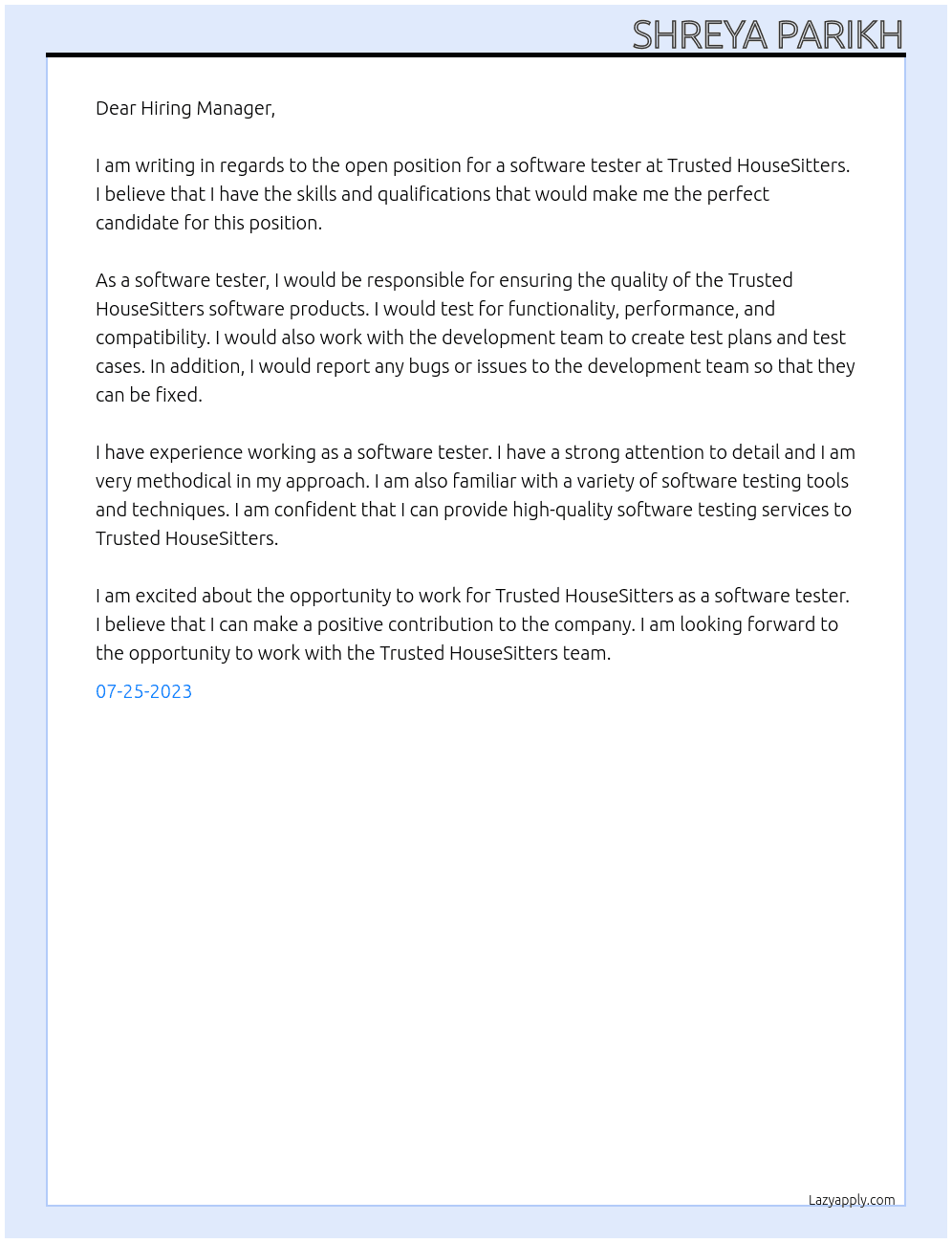 Software tester At Trusted HouseSitters Cover Letter