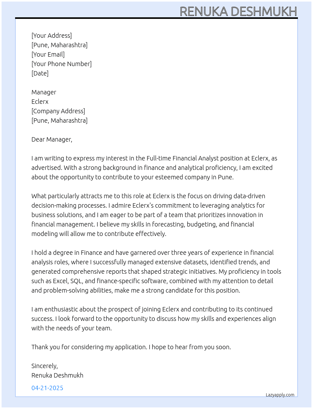 Financial Analyst  At Eclerx  Cover Letter