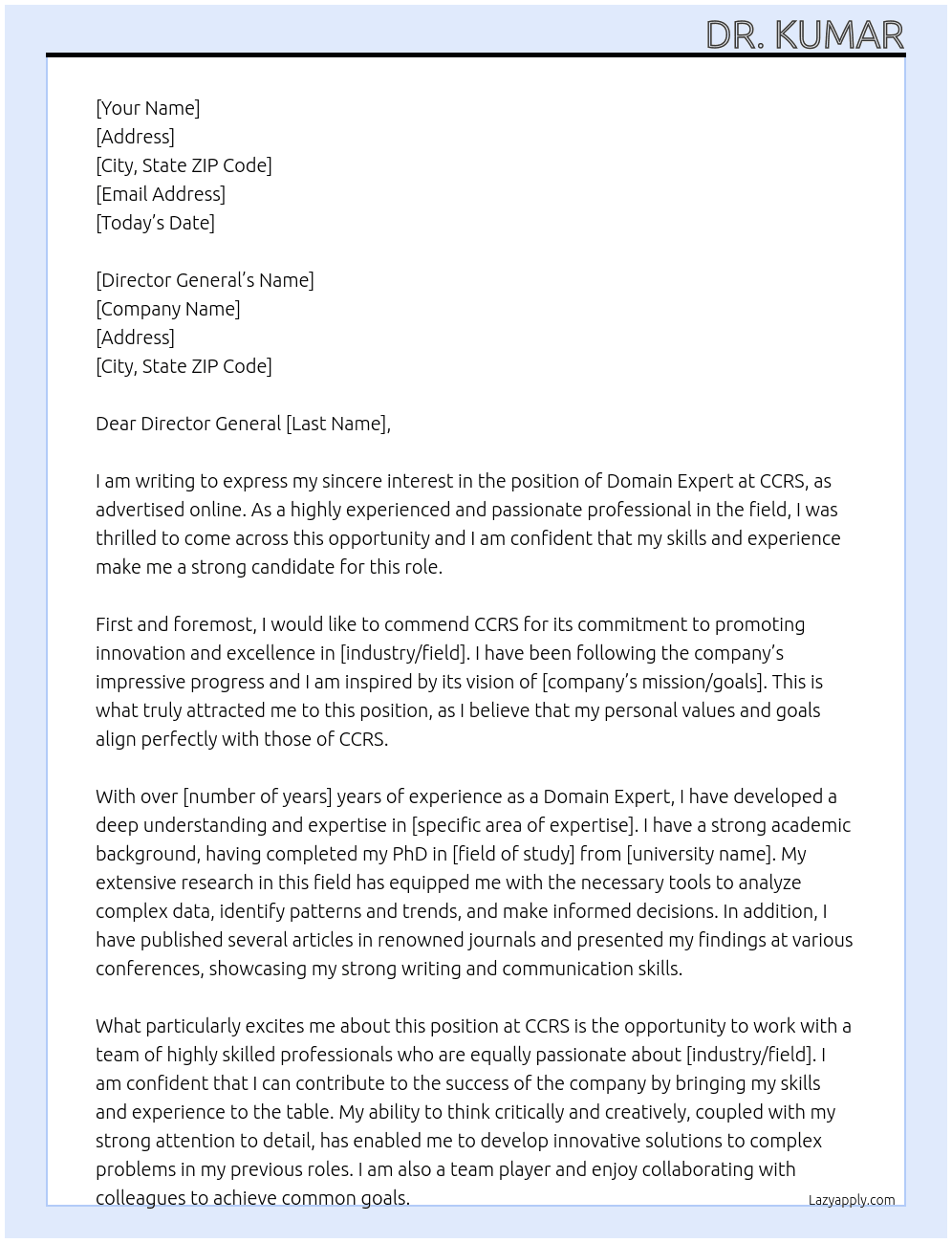 Domain Expert At CCRS Cover Letter
