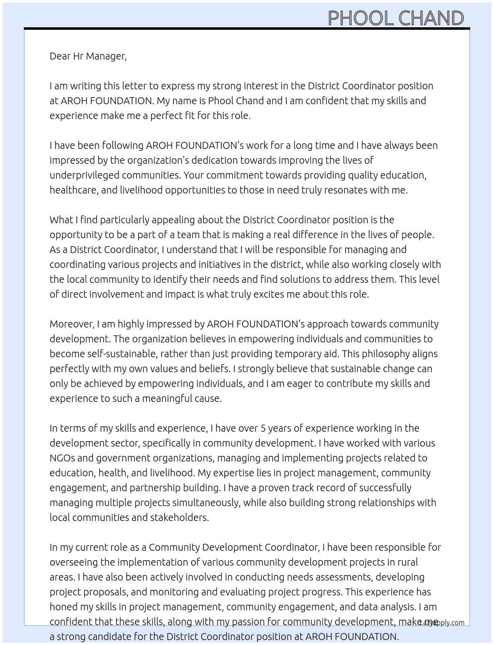 District coordinator  At AROH FOUNDATION  Cover Letter