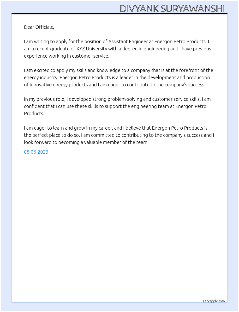 Assistant engineer At Energon petro products  Cover Letter