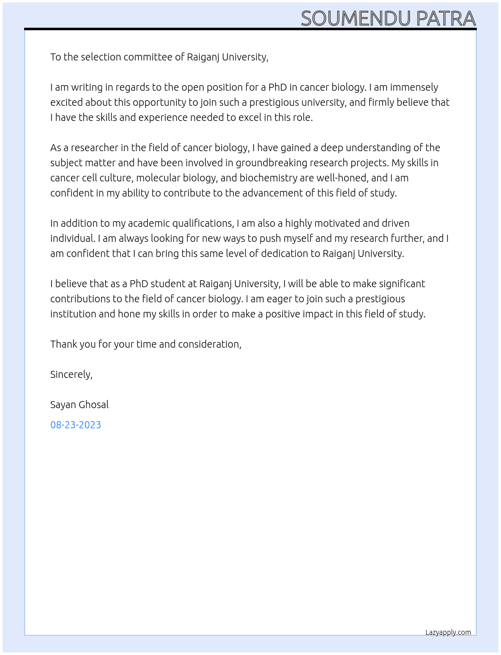 phd in cancer biology At Raiganj University Cover Letter