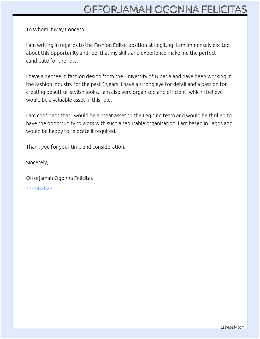 Fashion Editor At Legit.ng Cover Letter