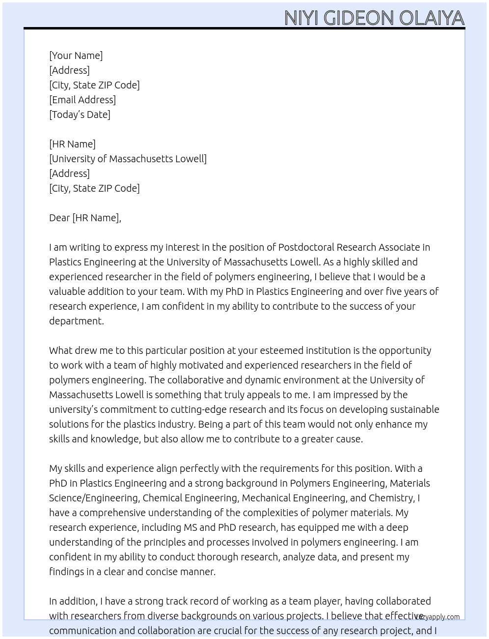 Postdoctoral Research Associate - Plastics Engineering At University of Massachusetts Lowell Cover Letter