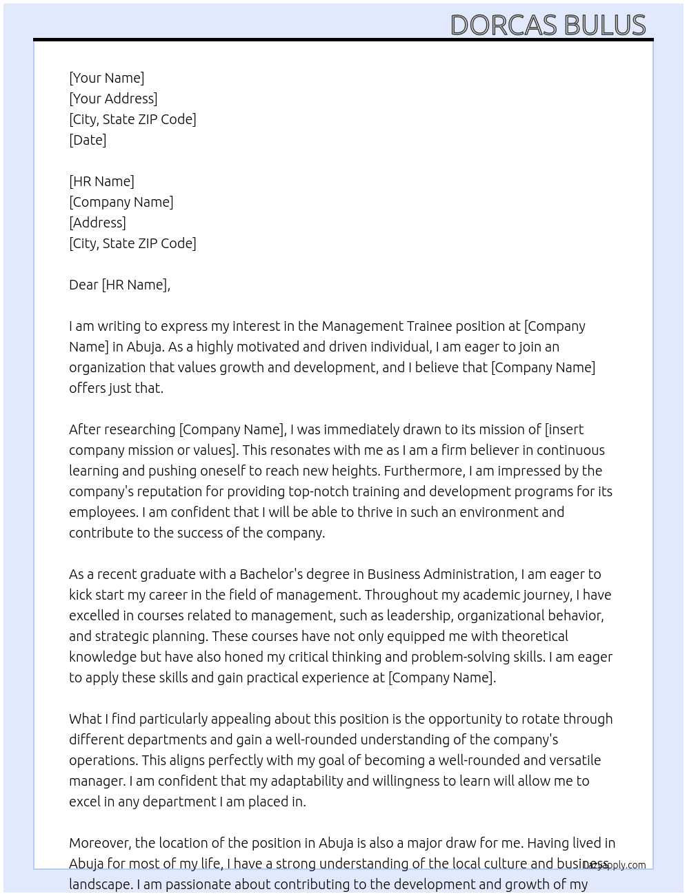 Management trainee  At Management trainee  Cover Letter