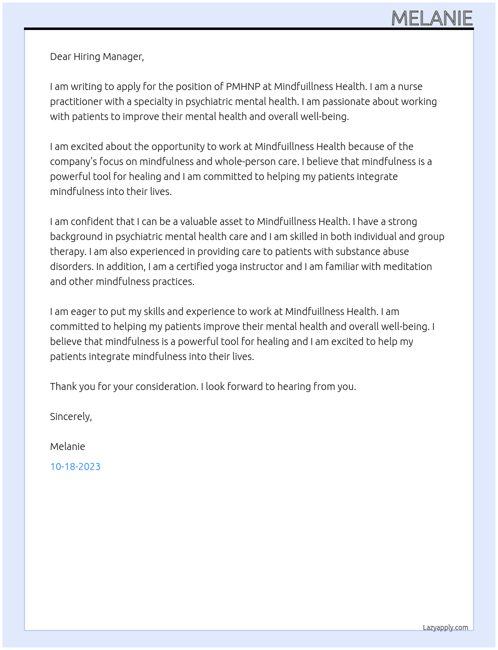 PMHNP At Mindfuillness Health Cover Letter