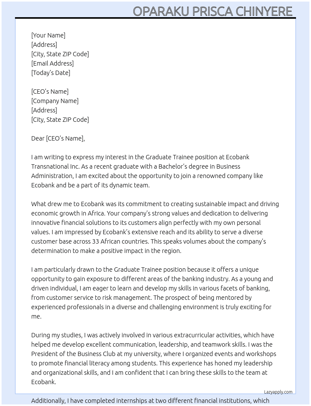Graduate trainee  At Ecobank Transnational inc Cover Letter