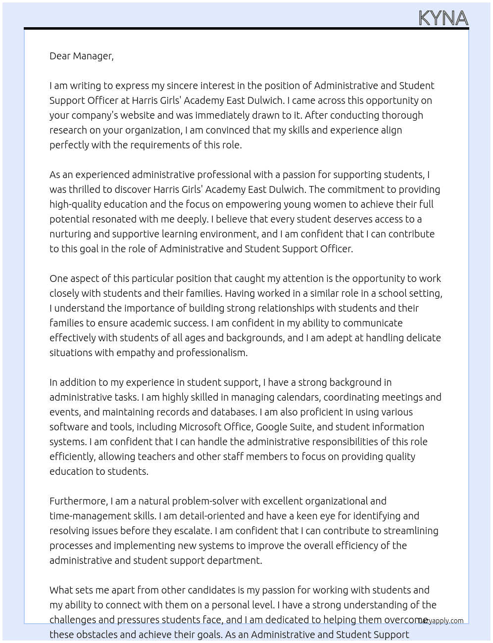 administrative and student support officer  At Harris Girls' Academy East Dulwich Cover Letter