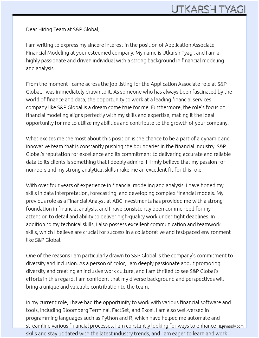 Application Associate, Financial Modeling At S&P Global Cover Letter