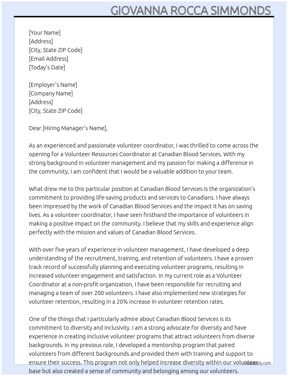 Volunteer Resources Coordinator  At Canadian Blood Services  Cover Letter