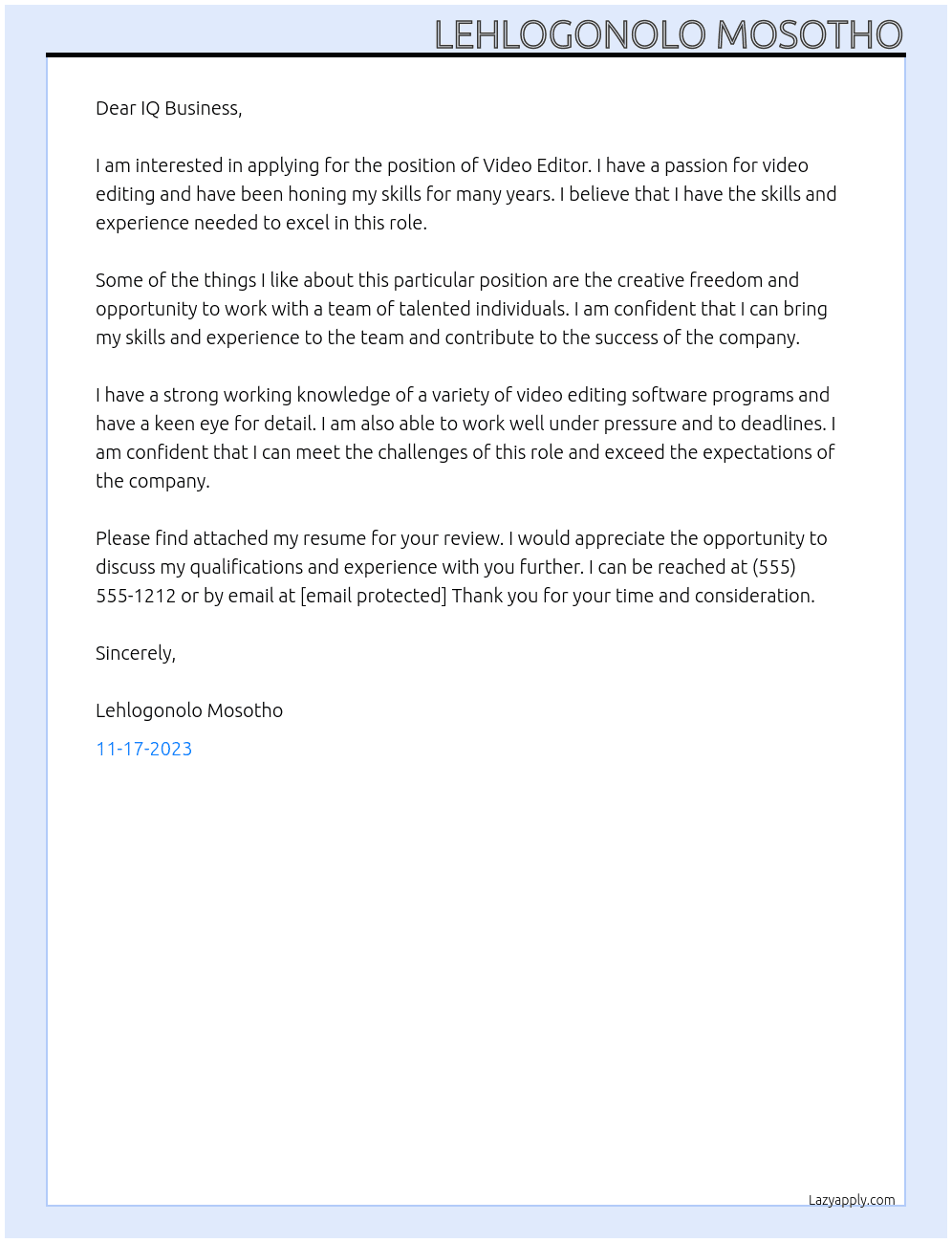 Video Editor At IQ Business Cover Letter