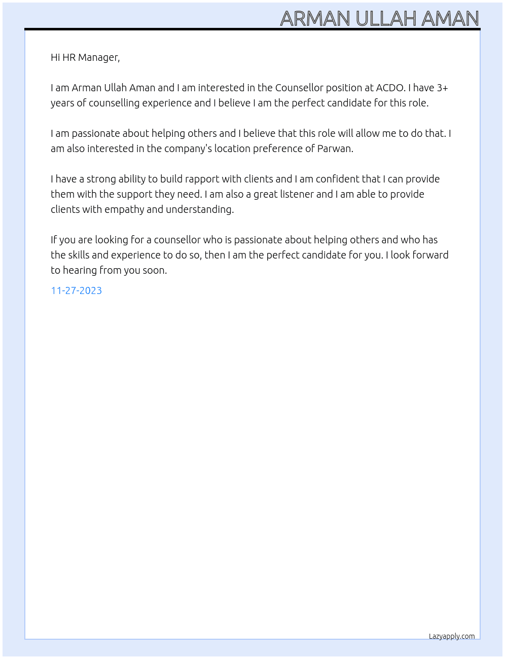 Counsellor At ACDO Cover Letter