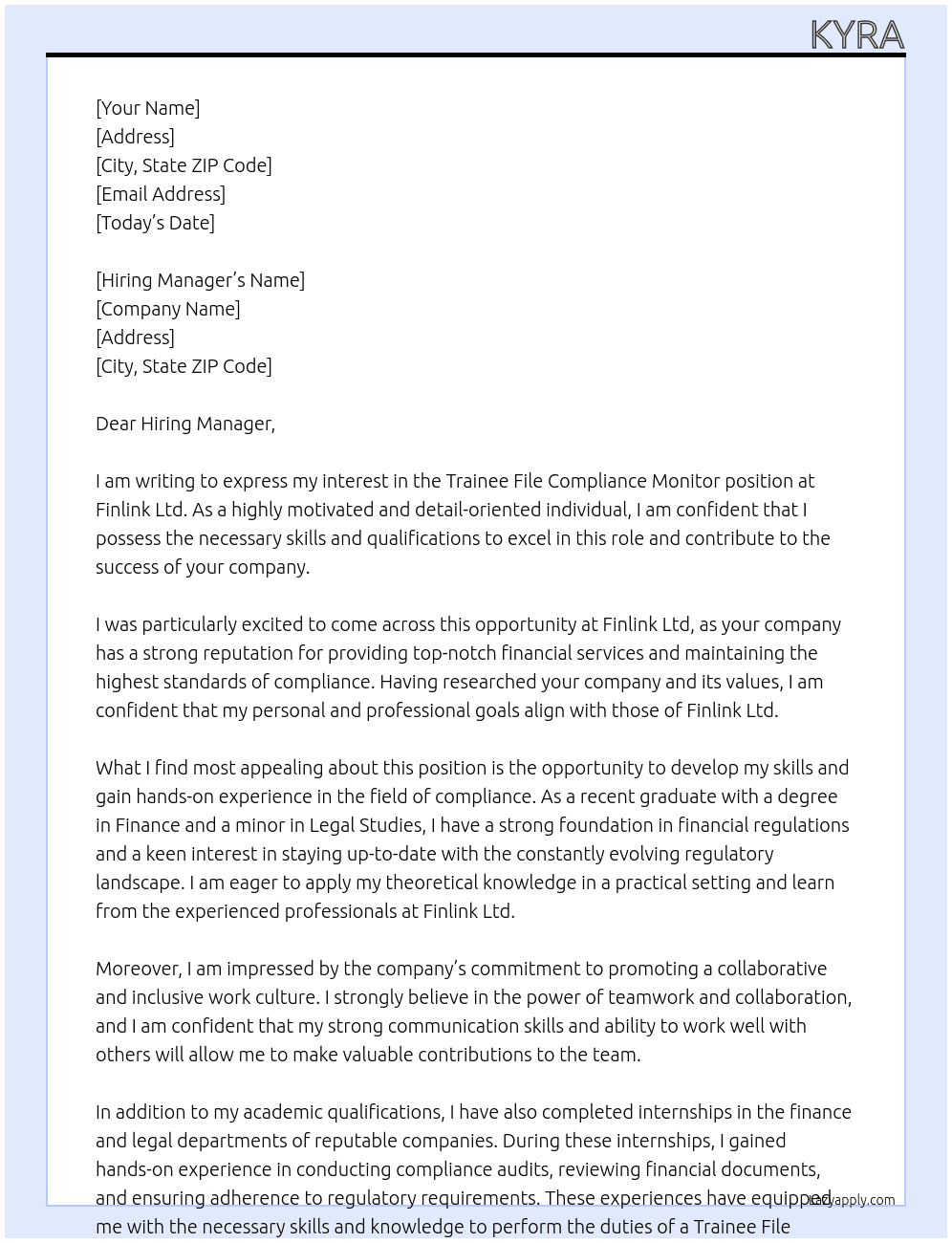 Trainee File Compliance Monitor At Finlink Ltd Cover Letter