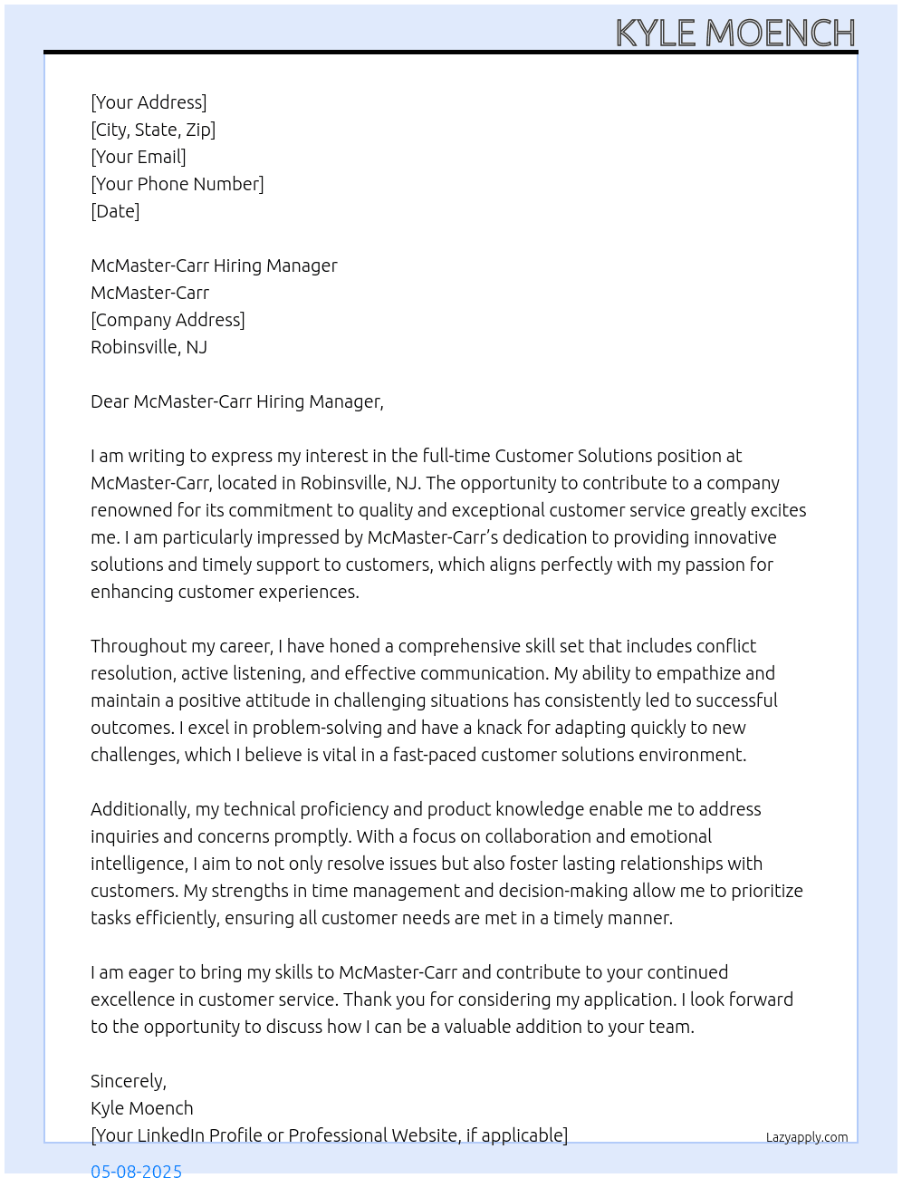 Customer Solutions At McMaster-Carr Cover Letter