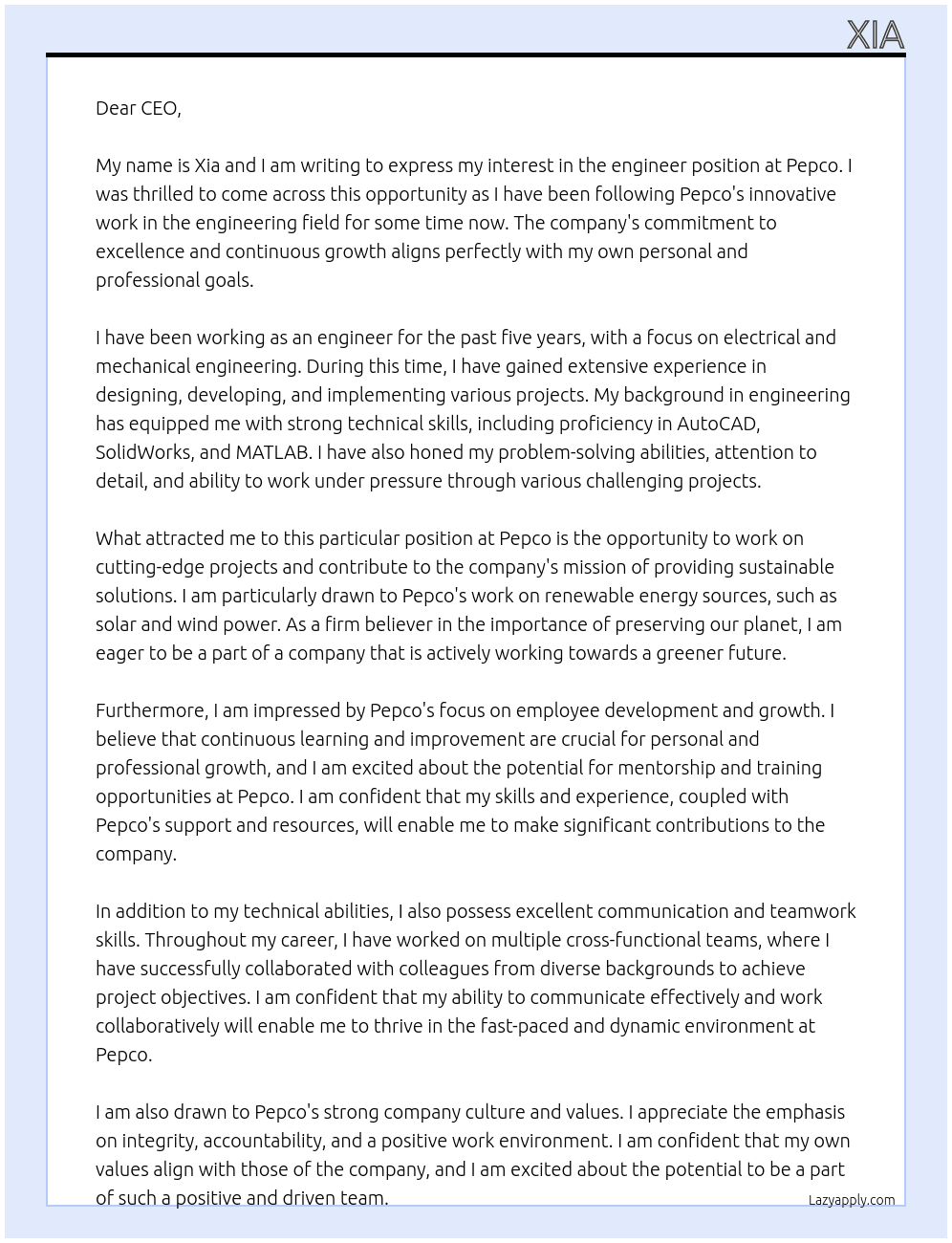 engineer At pepco Cover Letter